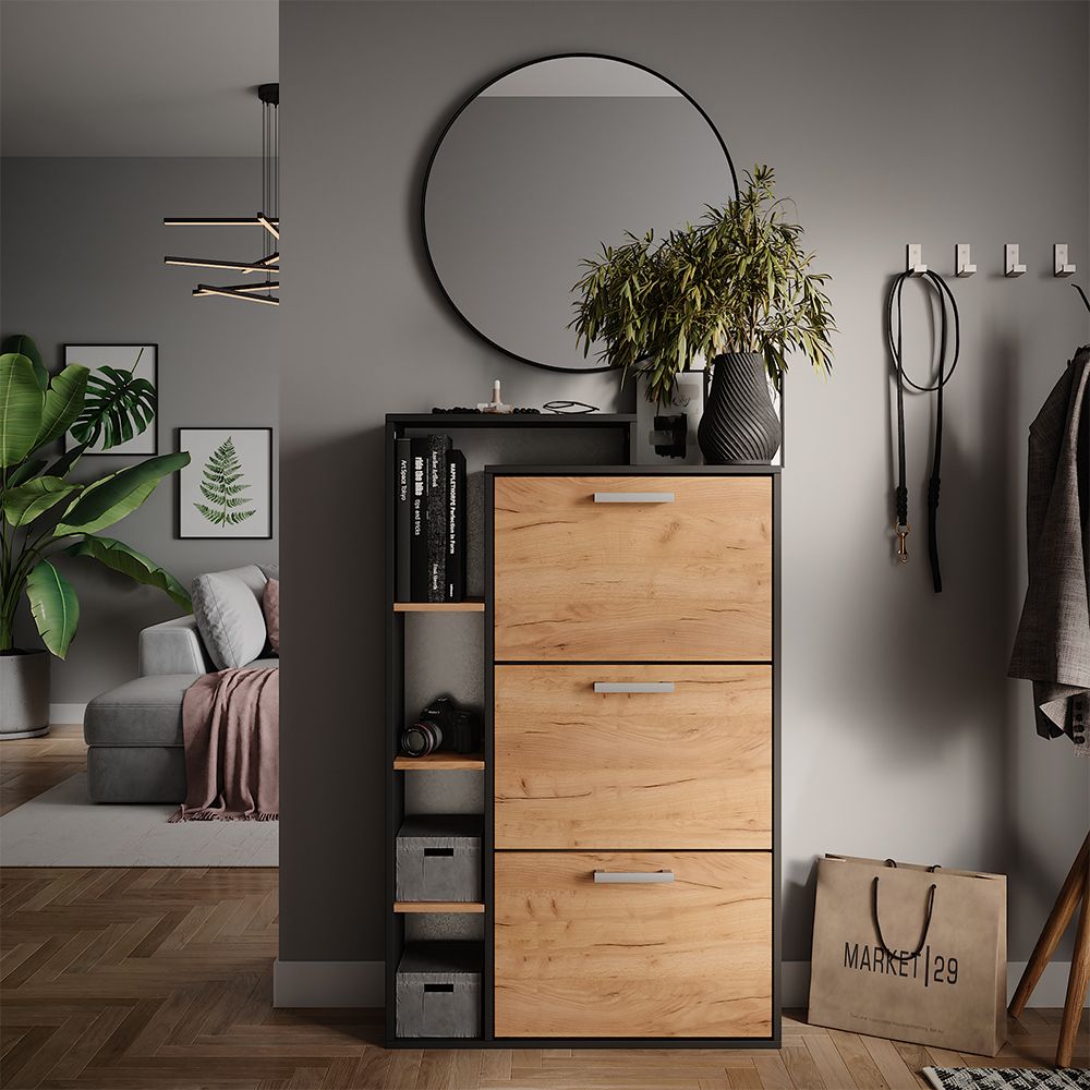 Meubles à chaussures noir & bois clair 3 compartiments