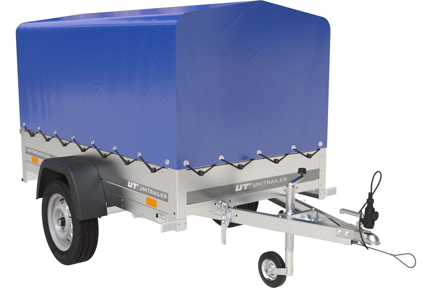 Remorque bagagère garden trailer 200 kipp 200 x 106 cm avec bâche haute bleue, arceau et roue jockey – Neuf – Prix Destockage
