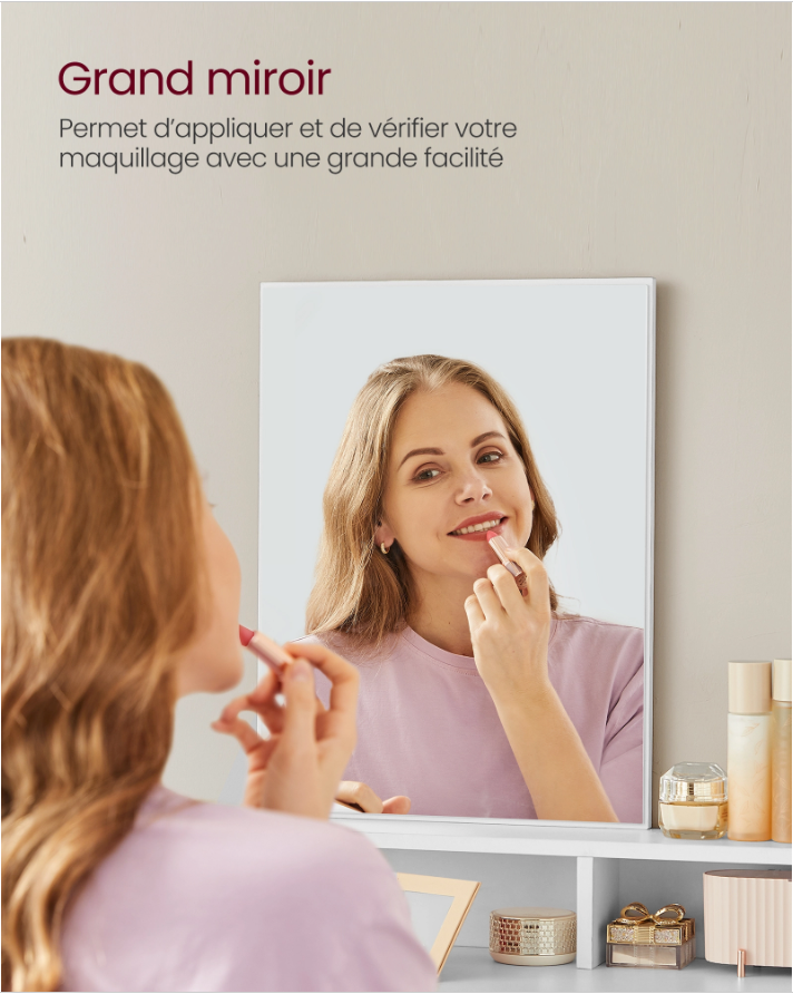 Petite coiffeuse avec miroir - 2 tiroirs - 3 compartiments - blanche