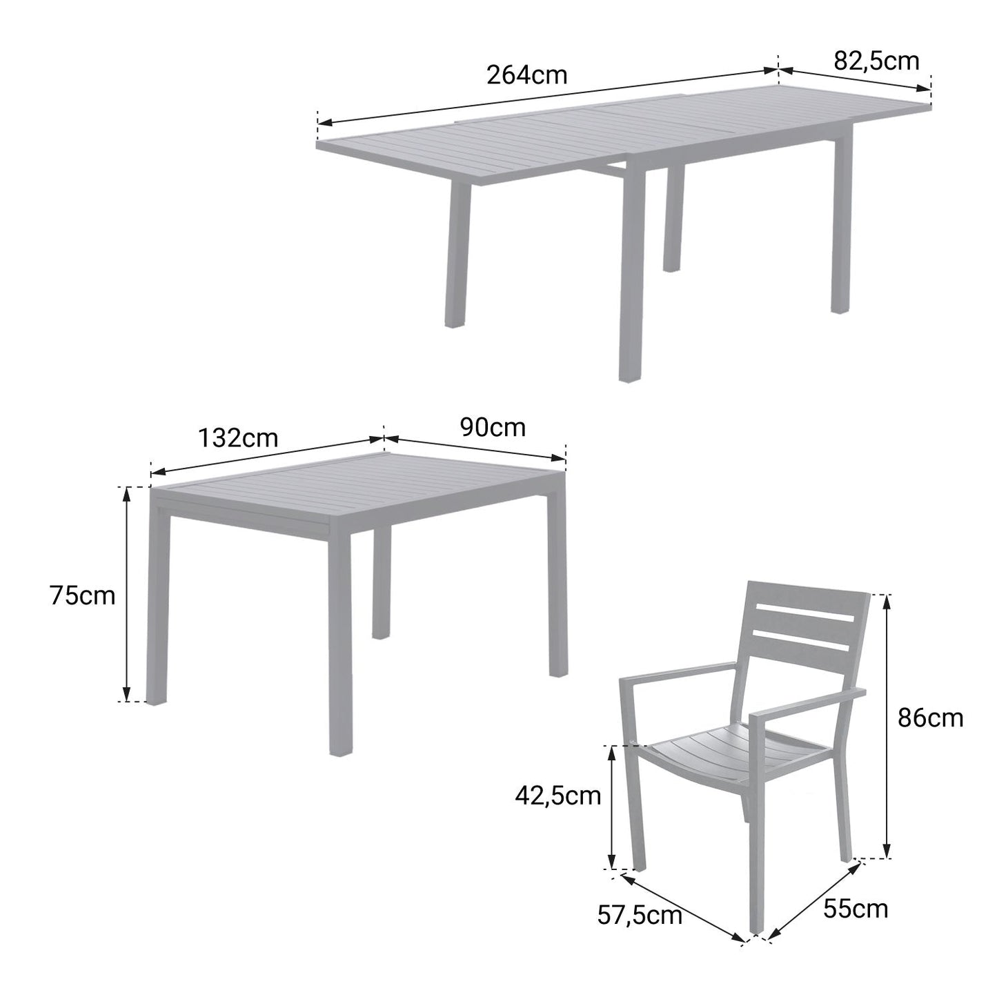 Salon de jardin extensible 132/264 en aluminium blanc - 10 places