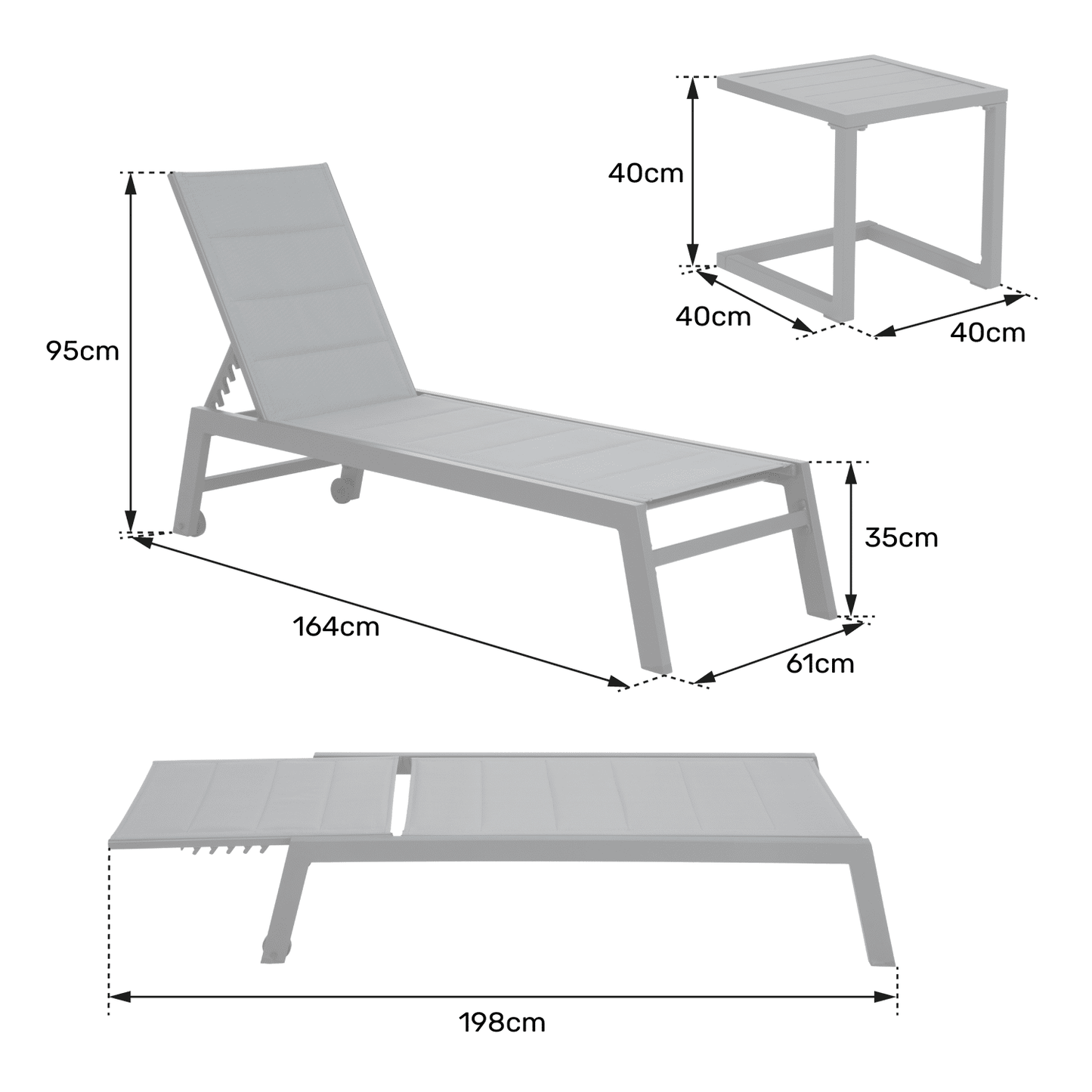 Set de bain de soleil et table d'appoint en textilène taupe - aluminium blanc