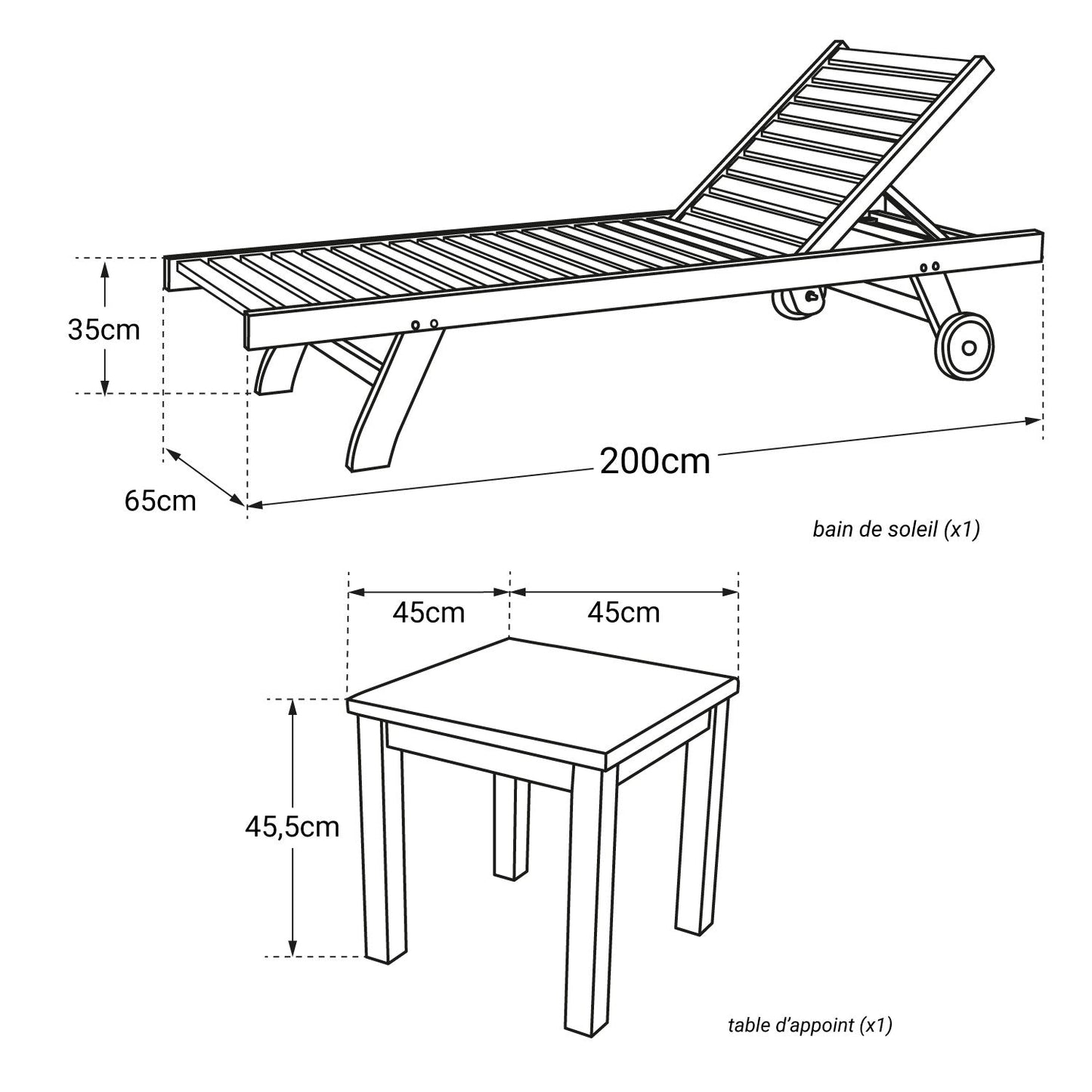 Ensemble de bain de soleil en teck droit avec table d'appoint