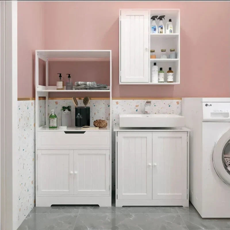 Meuble de salle de bain - meuble de rangement avec tiroirs 2 étagères blanc