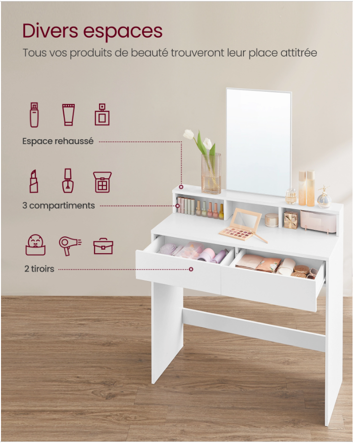 Petite coiffeuse avec miroir - 2 tiroirs - 3 compartiments - blanche