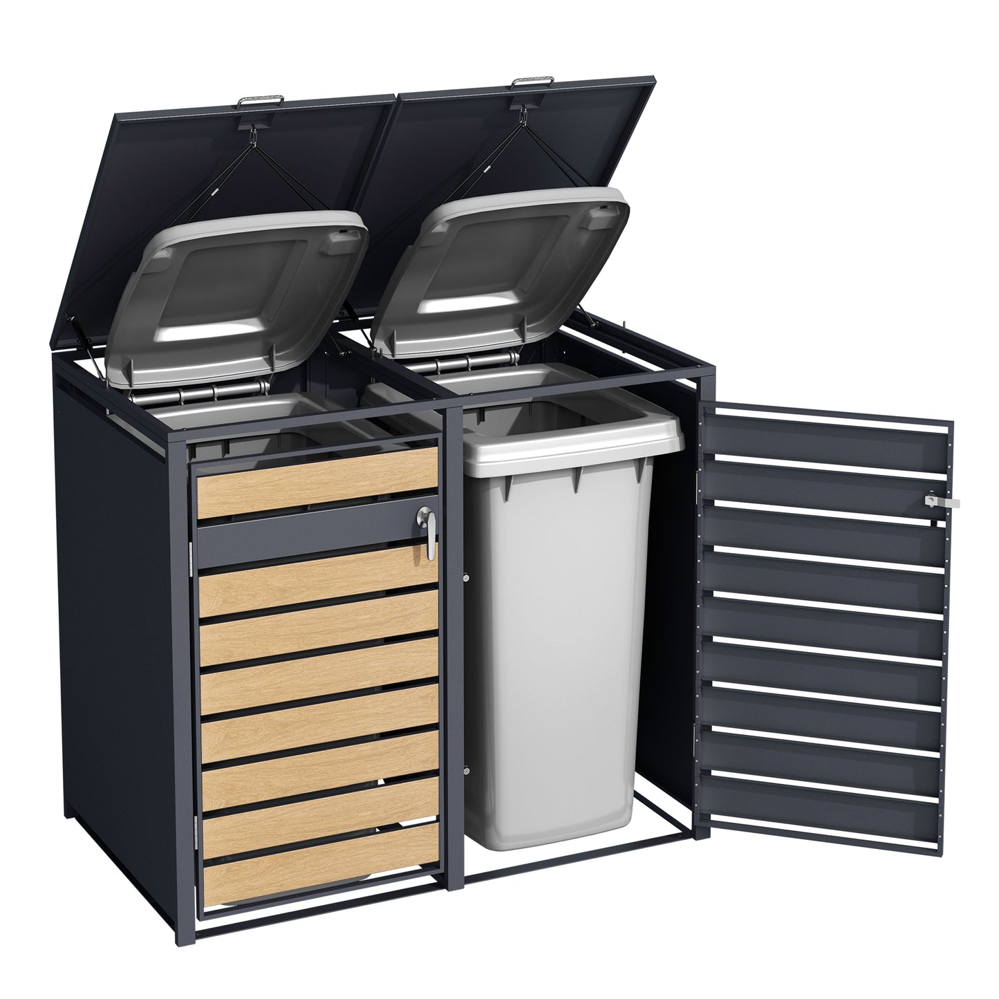 Cache poubelle en métal Anthracite/Effet Bois - 2 conteneurs