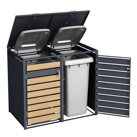 Cache poubelle en métal Anthracite/Effet Bois - 2 conteneurs