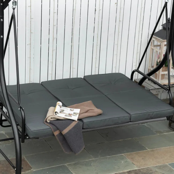 Balancelle de jardin 3 places convertible matelas fourni gris métal noir