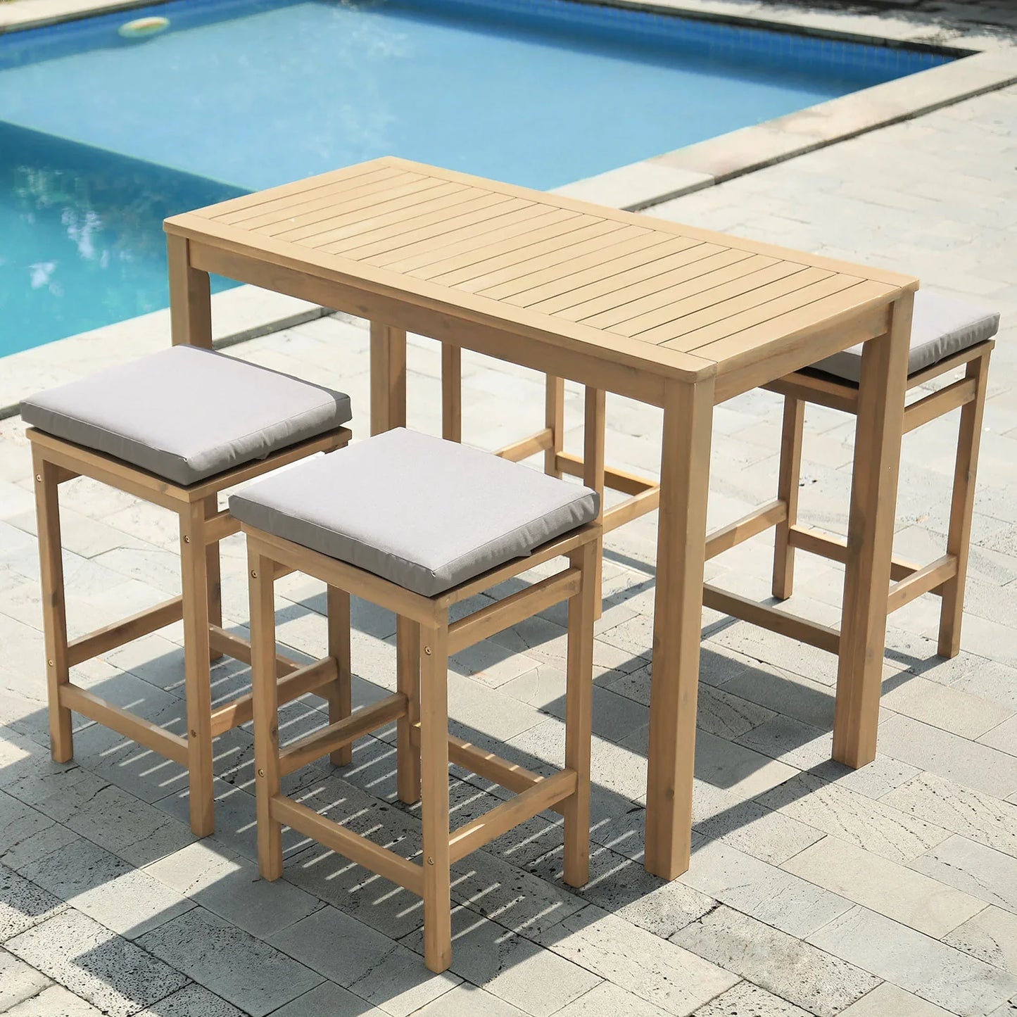 Mange-debout en acacia 4 places - avec coussins sable