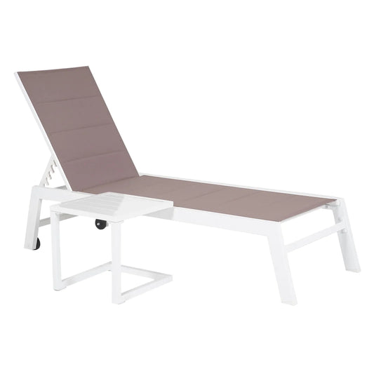 Set de bain de soleil et table d'appoint en textilène taupe - aluminium blanc
