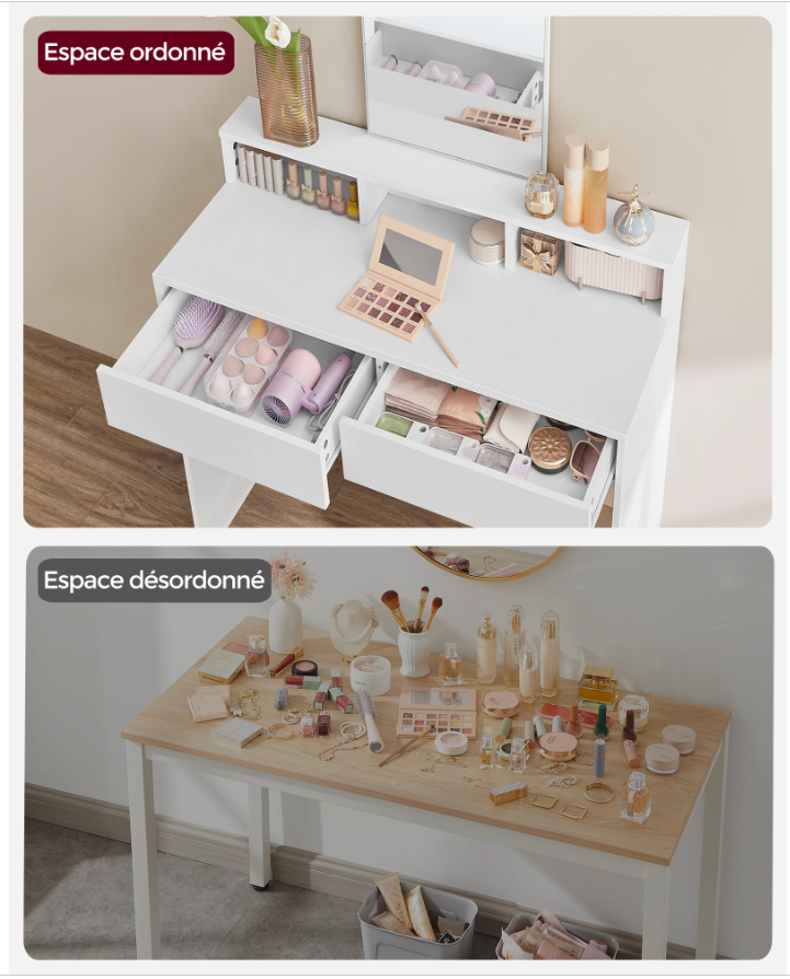 Petite coiffeuse avec miroir - 2 tiroirs - 3 compartiments - blanche