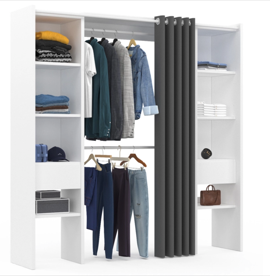 Dressing extensible blanc & gris avec rideau - étagères - double penderie